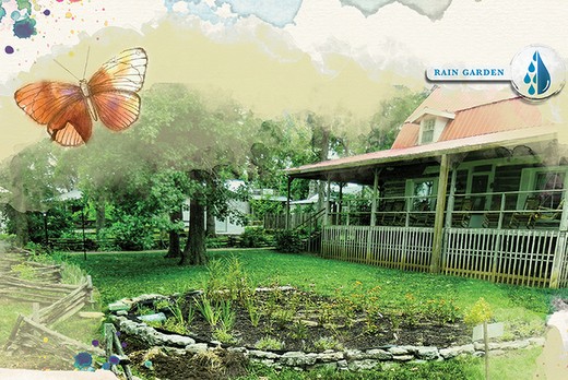 graphic of house with a rain garden in the front yard